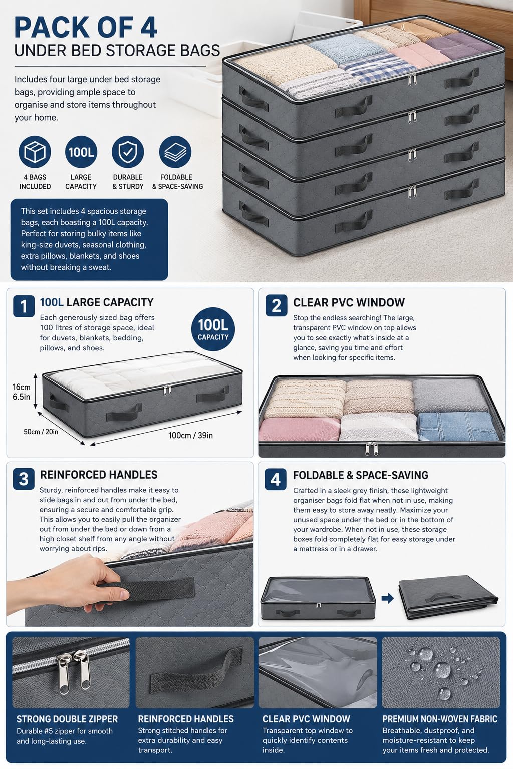 Pack of 4 Under Bed Storage Bags, 100L Large Capacity Underbed Storage Containers with Strong Handles & Clear PVC Window