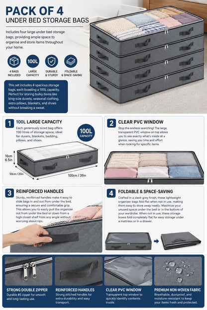 Pack of 4 Under Bed Storage Bags, 100L Large Capacity Underbed Storage Containers with Strong Handles & Clear PVC Window