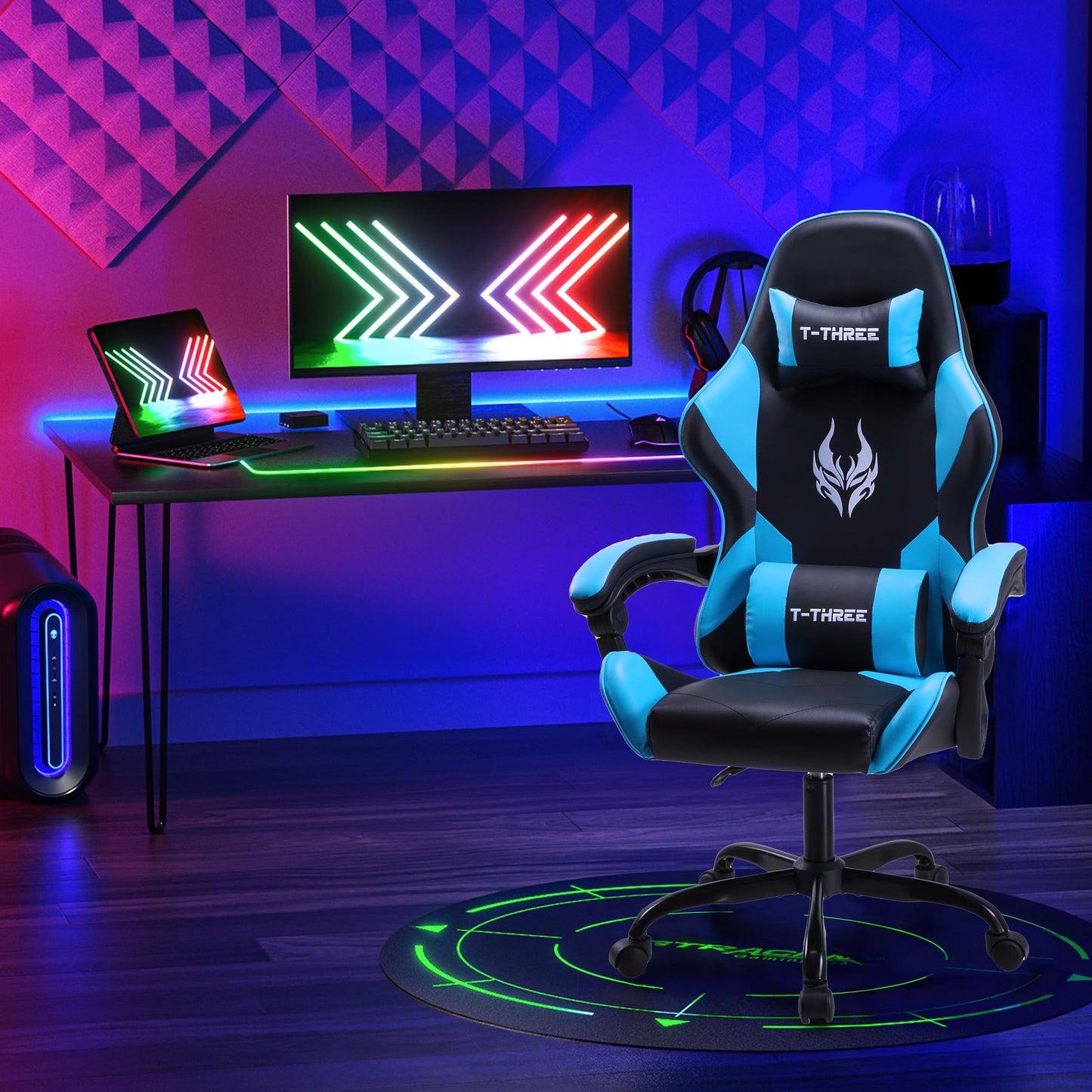 T-THREE.Ergonomic high-back gaming, computer, office, study, swivel, and racing-style chair with adjustable lumbar and headrest support