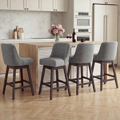 Bar Stools Set of 4, 360° Swivel Upholstered Counter Stools with Back, Wooden Frame Kitchen Bar Chairs with Nailhead Trim