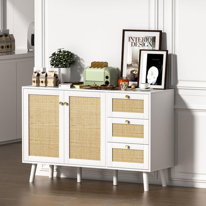 Skokliz Rattan Sideboard, Modern Storage Cabinet with 3 Drawers, Buffet Cabinet with 2 Doors and Adjustable Shelves