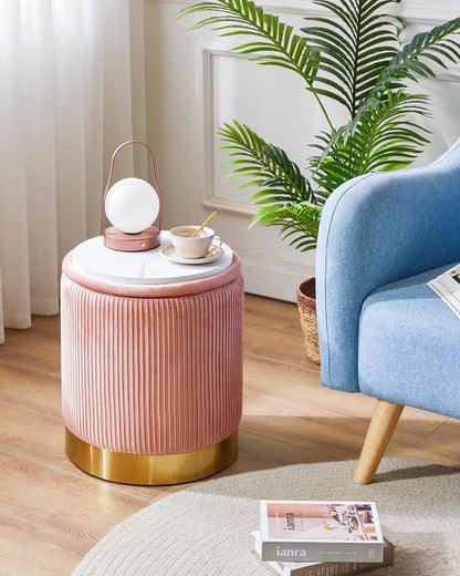 IBUYKE Set of 2 Round Ottoman with Storage & Metal ring decoration, Velvet Vanity Stool for Makeup, Modern Padded Seat Coffee Table, Multipurpose