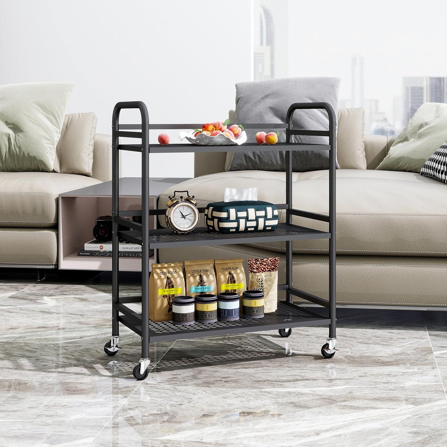 HDANI Serving Trolley,3-Tier Metal Trolley,Black,60x30x75cm Mesh