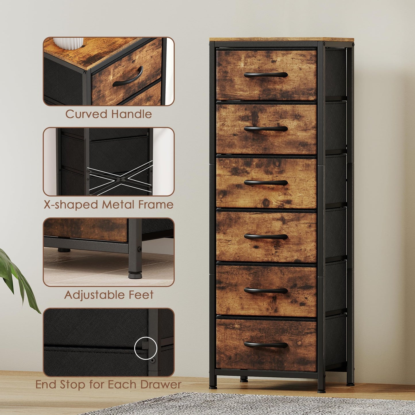 Turosur Chest of Drawers, Tall Chest of Drawers with 6 Fabric Drawers, Fabric Dresser for Bedroom, Living Rooms, Entryway Hallway