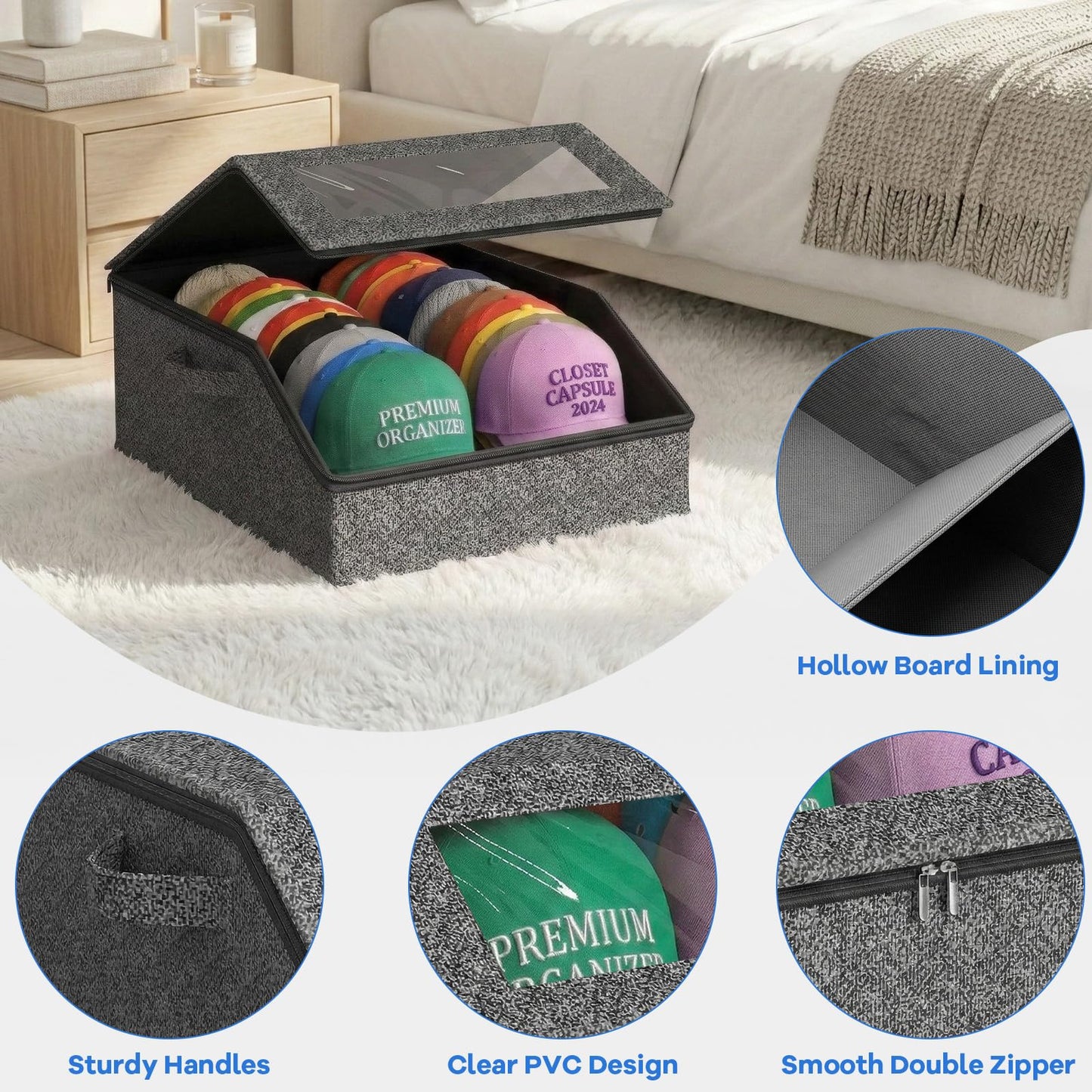 AURIVISTA Hat Storage Box for Baseball Caps, Holds up to 24 Caps,Gray