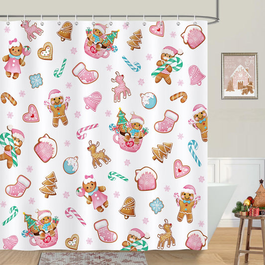 Bonhause Christmas Gingerbread Man Shower Curtain, Cute Pink Xmas Tree Candy Cane Bathroom Curtain 180 x 180 cm Waterproof Mildew and Mould Resistant