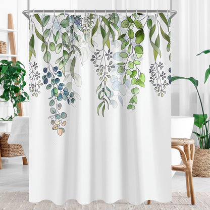 Lerores Shower Curtain 240 x 200 cm, Green Leaves Anti-Mould Textile, Weighted Hem, Water-Repellent