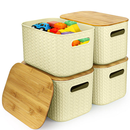 RWFMO 4 Pcs Plastic Beige Storage Baskets with Bamboo Lid for Bathroom