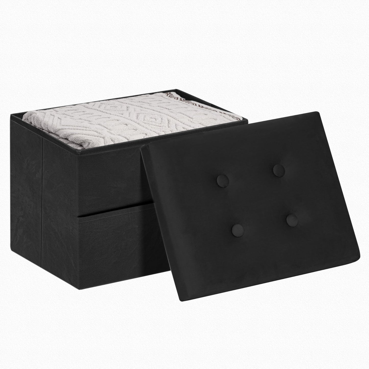 LOFTEY Small Ottoman Storage Box, Foldable Foot Stool with Lid, Black