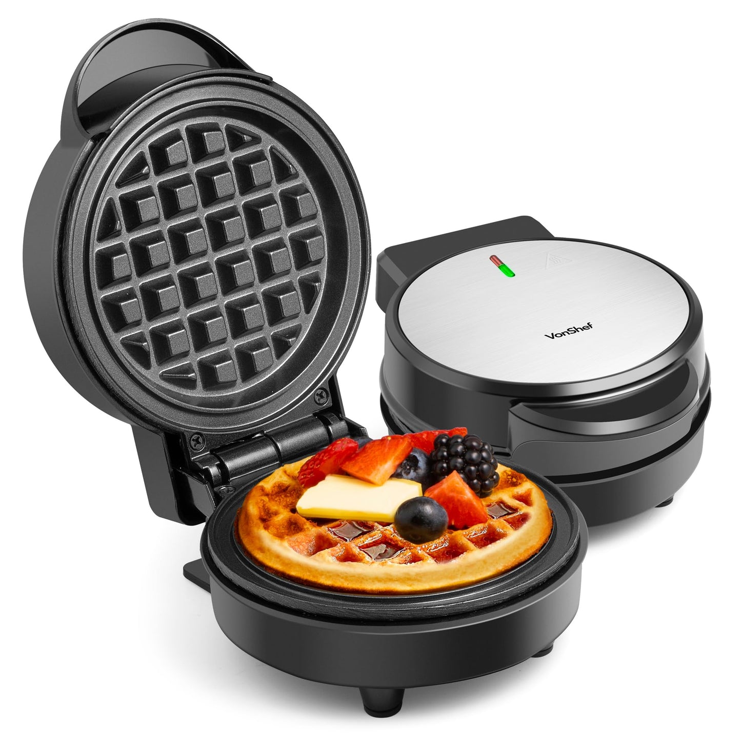 VonShef Mini Waffle Maker ? 600W Waffles Machine with 12.5cm Non Stick Mini Iron Plates, Compact Breakfast Machine, Single Belgian & American Snacks