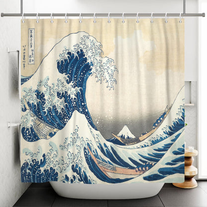 SDOTPMT 72x78inch Japanese Ocean Waves Shower Curtain Abstract Sea Wave Wooden Boat Bath Curtain Ukiyo-e Theme Fuji Mountain Bathtub Curtain for