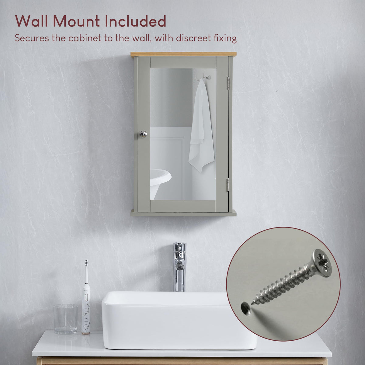 Bath Vida Priano Bathroom Cabinet Single Mirrored Door Wall Mounted, Grey & Oak