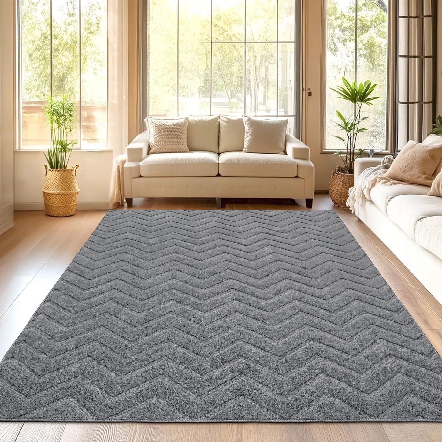 SHACOS Rugs Living Room 120 x 160 cm Modern Grey Area Rug Ultra Soft Fluffy Rug for Living Room Bedroom Non-Slip Washable Rug Geometric Design Floor