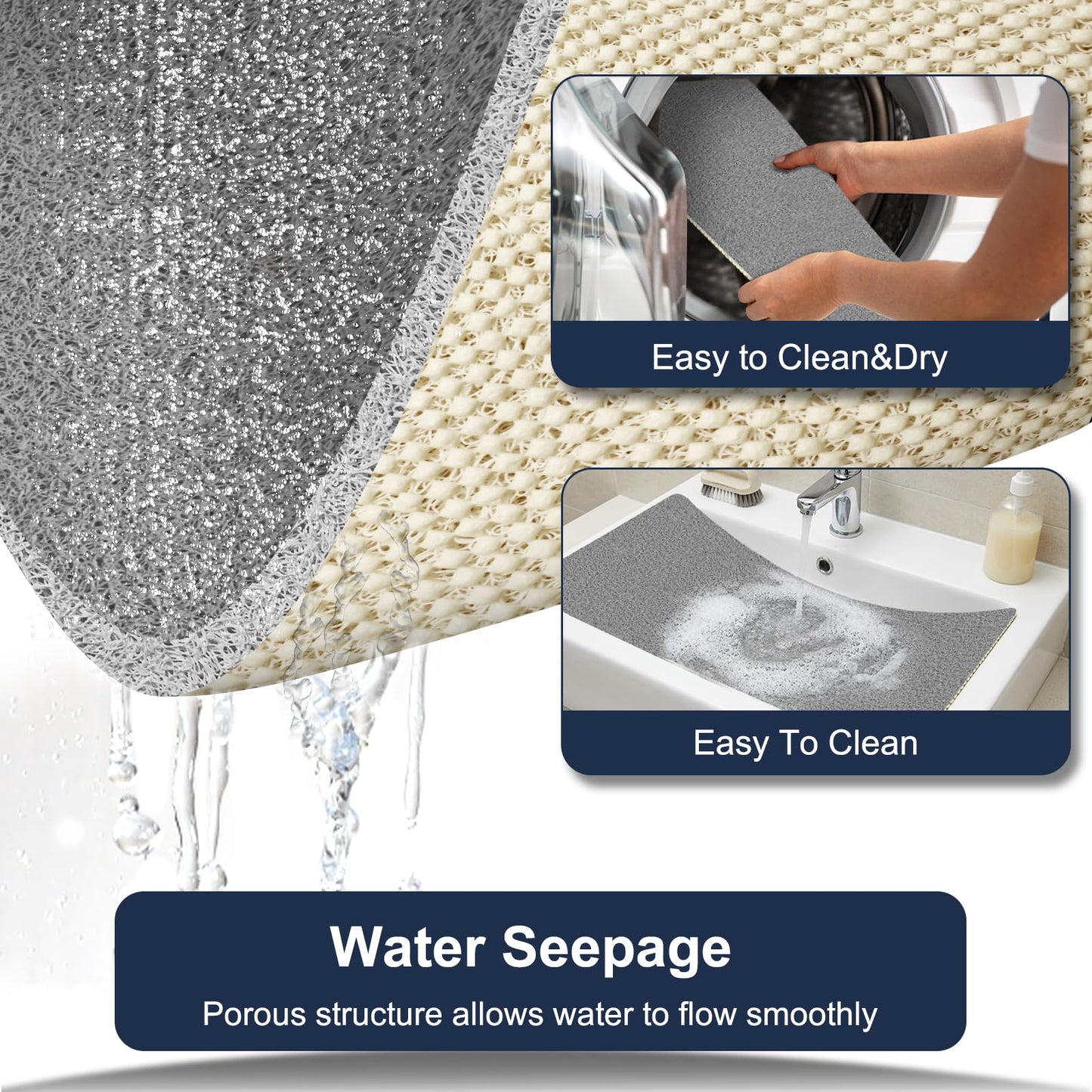 BLESWIN PVC Loofah Shower Mat 40x80CM, Soft Textured Non Slip Bath Mats for Inside Shower, Shower Mats with Drain
