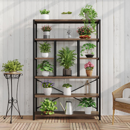LVB Tall Industrial Etagere Bookcase, Modern Wood Large Open 6 Tier Bookshelf, Vintage Wide Metal Book Shelf Organizer