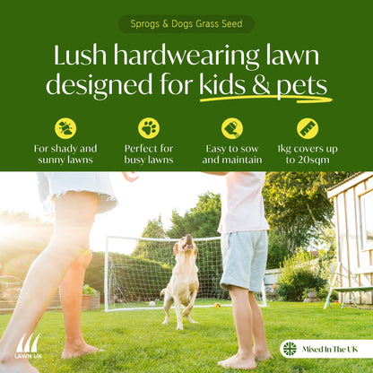 Sprogs & Dogs Ultra Hardwearing Grass Seed by Lawn UK - 5kg Up to 150sqm Coverage - Ultimate Tough Grass Seed for Family lawns - Fast Growing & Super