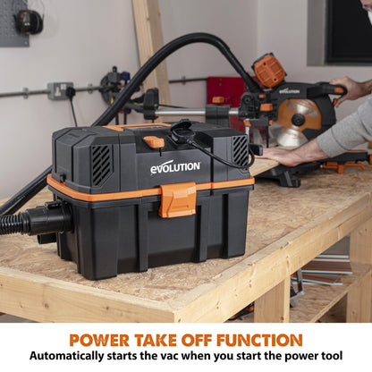 Evolution Power Tools R15VAC Vacuum Cleaner Wet and Dry Vac, Portable and Lightweight Ideal Dust Extractor for Saw Dust in Workshops, With Power