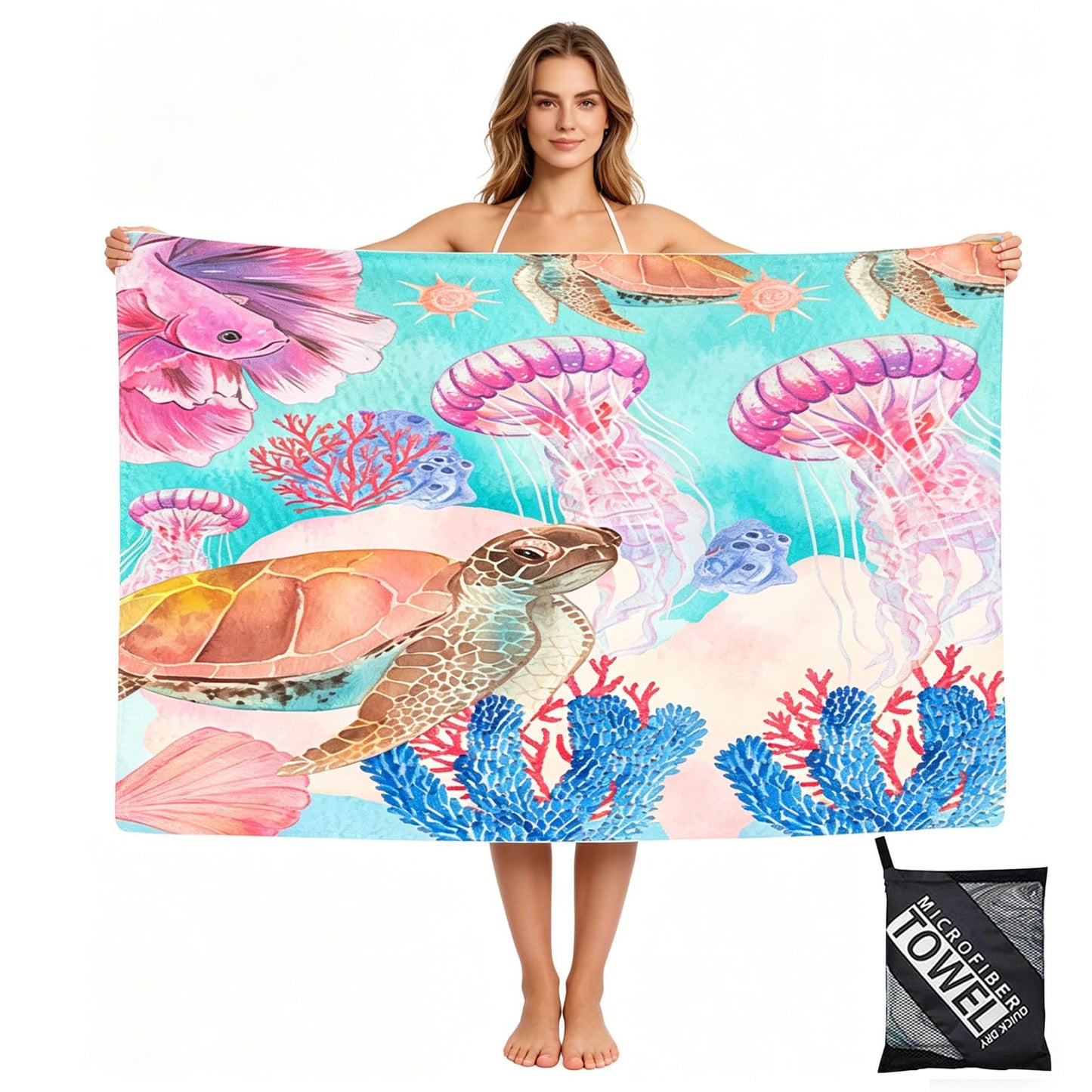 yayafunfun Large Quick Dry Microfibre Beach Towels for Adults, 160X90cm Pink Turtle Bath Towel Travel Towels with Pocket