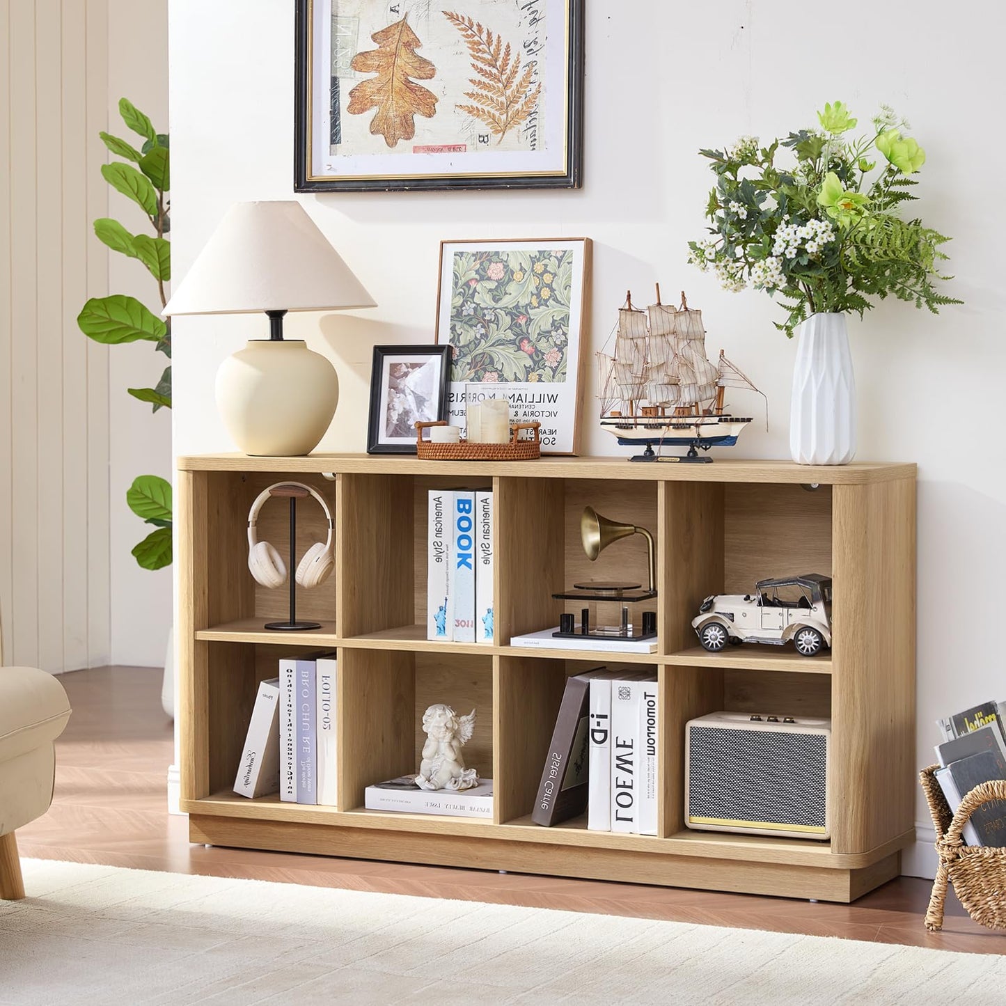 LELELINKY 8 Cube Storage Bookcase, 53" Wide Wooden Book Shelf with Thickened Base, Freestanding 2-Tier Open Book Case Unit with Curved Edge