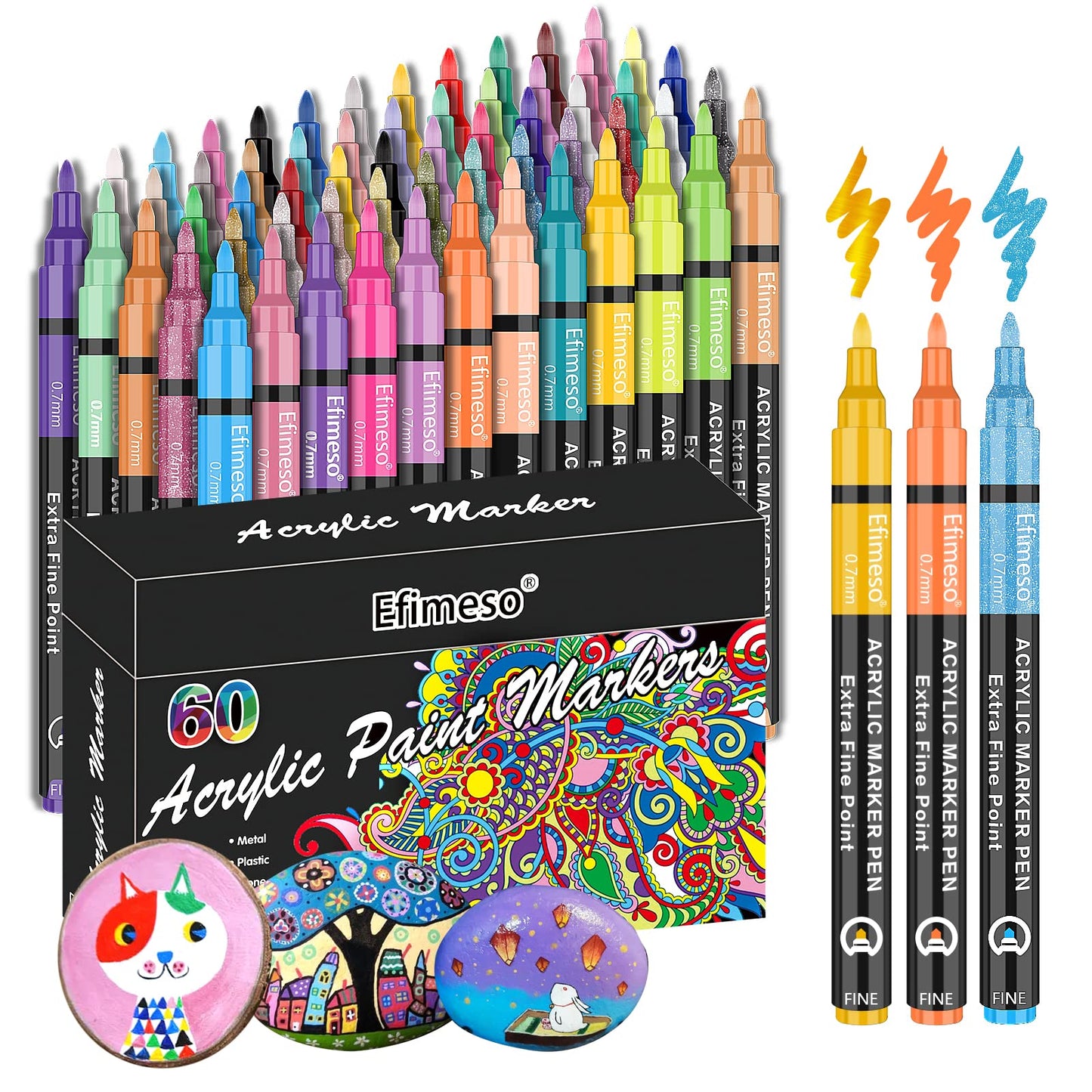 Efimeso Acrylic Paint Pens, 60 Colors Paint Art Markers for Rock Painting, Stone, Ceramic, Glass, Wood, Metal, Fabric, Pebbles, Water-Based Acrylic