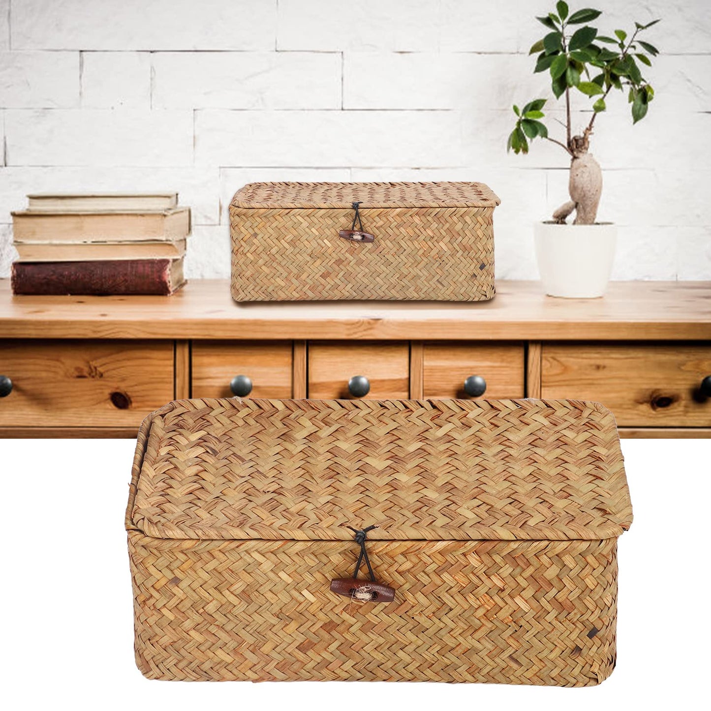 Wicker Storage Bins with Lid, Multipurpose Dustproof Seagrass Basket, Rectangular Household Organizer Box Shelf Wardrobe Organizer (L)