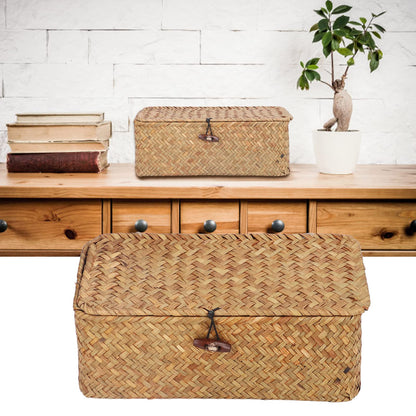 Wicker Storage Bins with Lid, Multipurpose Dustproof Seagrass Basket, Rectangular Household Organizer Box Shelf Wardrobe Organizer (L)