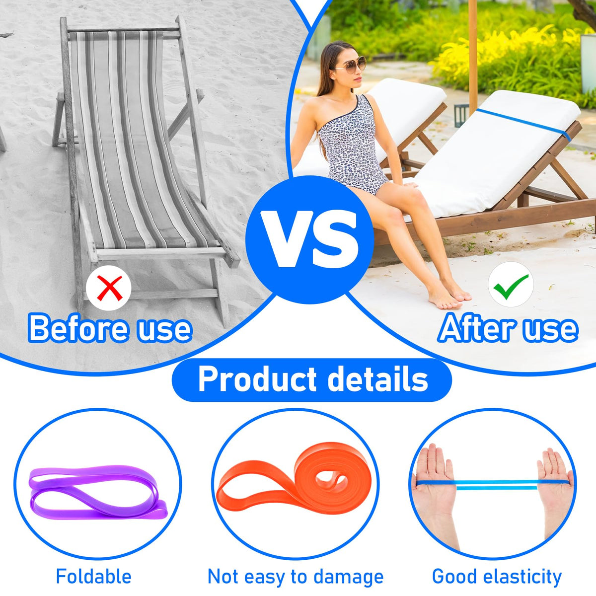 ElevateTech Beach Towel Bands for Sun Loungers, 10 Pcs Elastic Sunbed Towel Bands for Beach Chair Towel Clips Windproof Towel Holder Strap Beach
