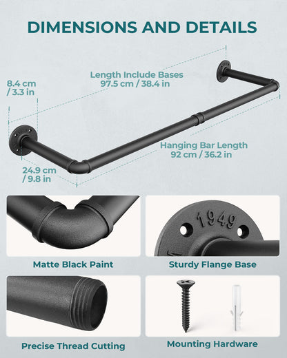 OROPY Retro Wall Mounted Clothes Rail, 92cm Industrial Pipe Clothes Rack
