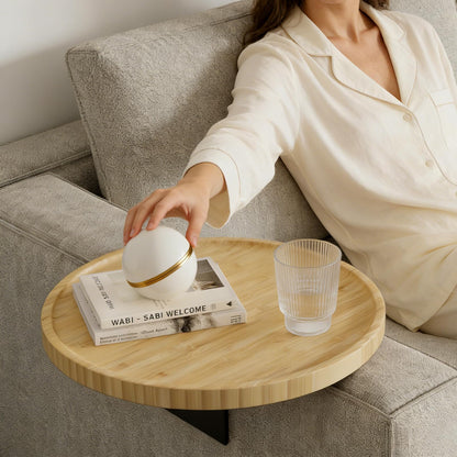 Semjar Bamboo Sofa Arm Tray Table,Adjustable Couch Armchair Tray for Thin & Wide Couches Arms,Round Wooden Sofa Armrest Side Table Couch Caddy Cup