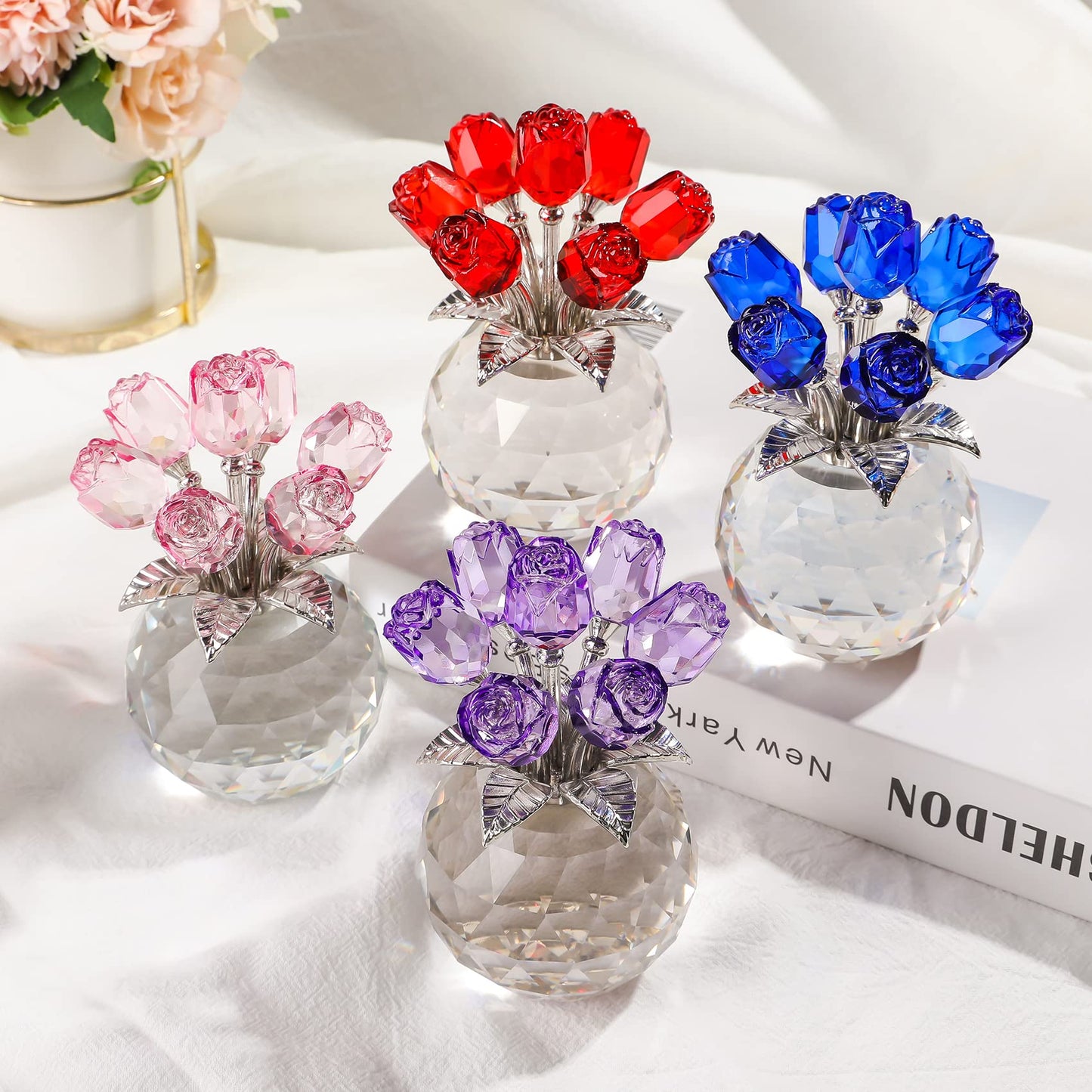 Crystal Purple Rose Bouquet Figurines Gifts for Women Valentine's Day, Glass Floral Ornament for Mother's Day Birthday Christmas Amethyst Collectible