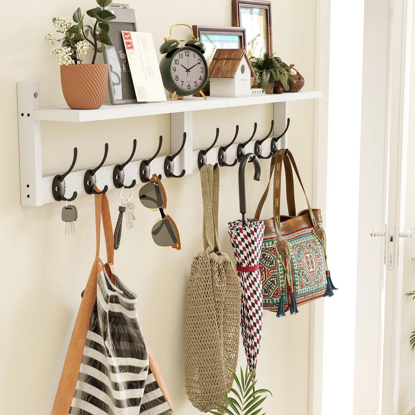 AMBIRD 87cm Wooden Wall Coat Hooks with Shelf - Stylish and Practical Wall-Mounted Storage - 10 Hooks for Hanging Coats, Hats, Keys, Bags, Scarves
