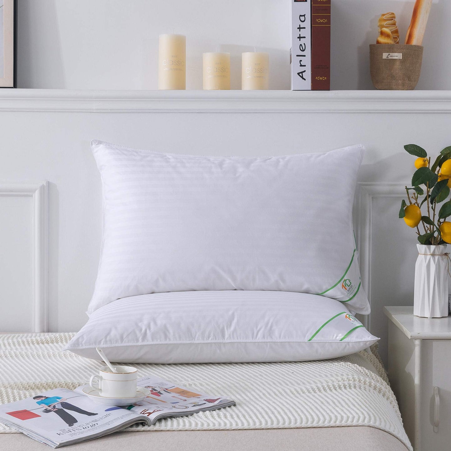 SUFUEE Luxury Goose Feather and Down Pillow Pair with 100% Cotton Cover (Standard(50% Down))