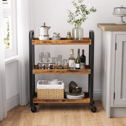 VASAGLE Industrial Style Lunch Trolley, Space-Saving Trolley Fixed or with Universal Wheels, Kitchen Shelf with Iron Frame, 66 x 26 x 85 cm, Vintage Brown LRC66BX