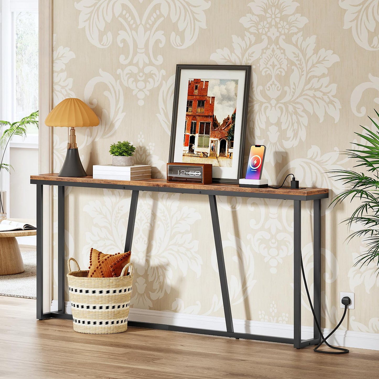 HOOBRO Console Table, 180 cm Slim Console Table with Charging Station, Long Behind Sofa Table, Narrow Hallway Table,for Hallway, Entryway