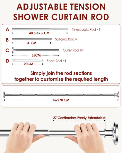 Shower Curtain Pole, Extendable No-Drill Tension Rod, Shower Pole & Curtain Set - Telescopic Shower Rail, 76-278cm, Rustproof Non-Slip