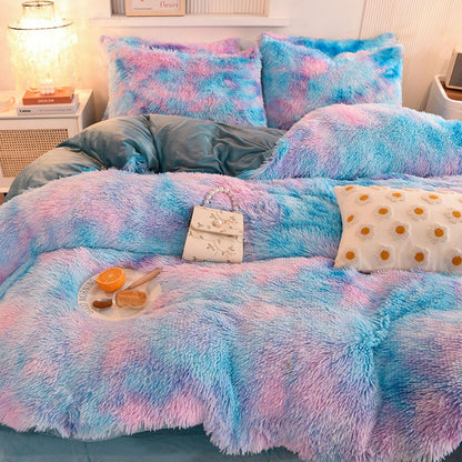 ZIQINPSQ Plush Shaggy Duvet Cover Set,Tie Dye Faux Fur Bedding Set for Teens Girls Soft Velvet Fluffy Fuzzy Comforter Cover Bed Set (Blue, Single)