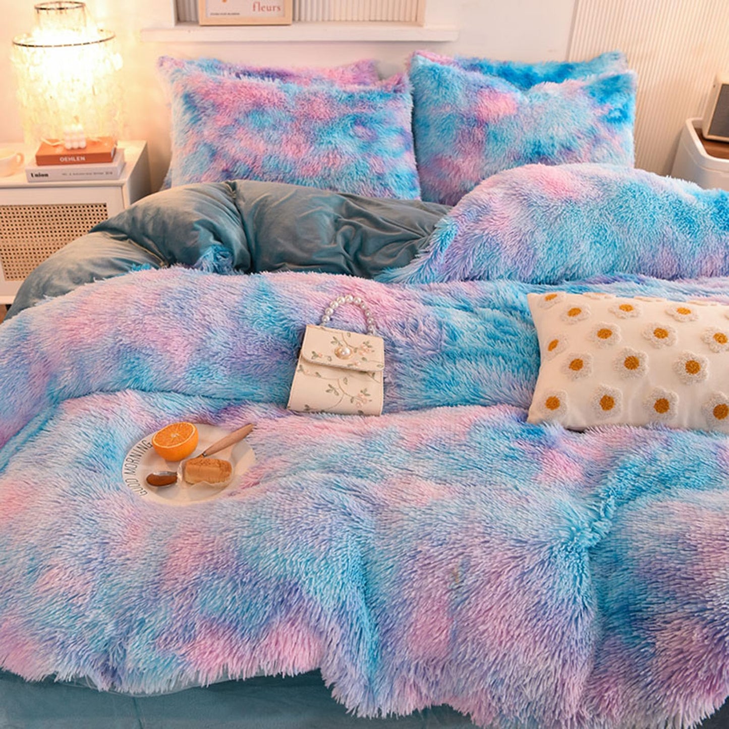 ZIQINPSQ Plush Shaggy Duvet Cover Set,Tie Dye Faux Fur Bedding Set for Teens Girls Soft Velvet Fluffy Fuzzy Comforter Cover Bed Set (Blue, Double)