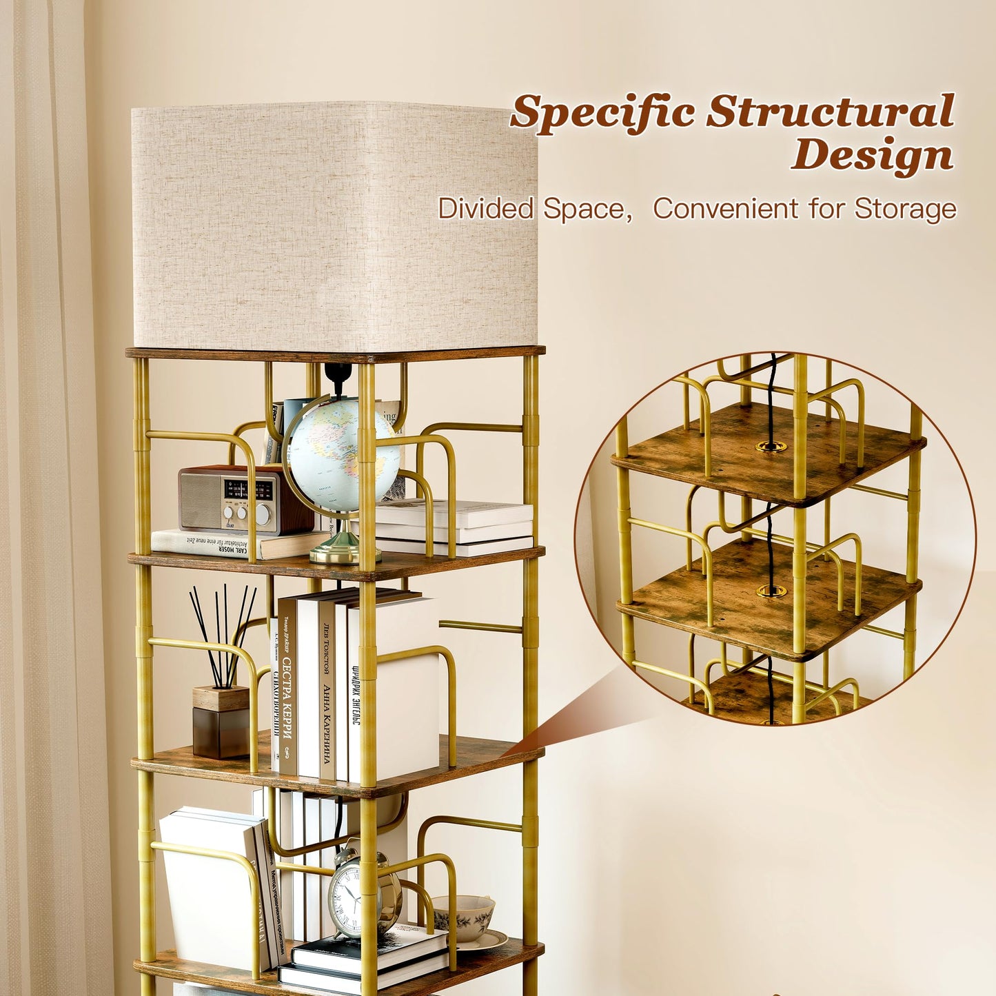 Quikraen 4-tier Rotating Bookshelf with LED and Lockable Castors，Gold+Brown