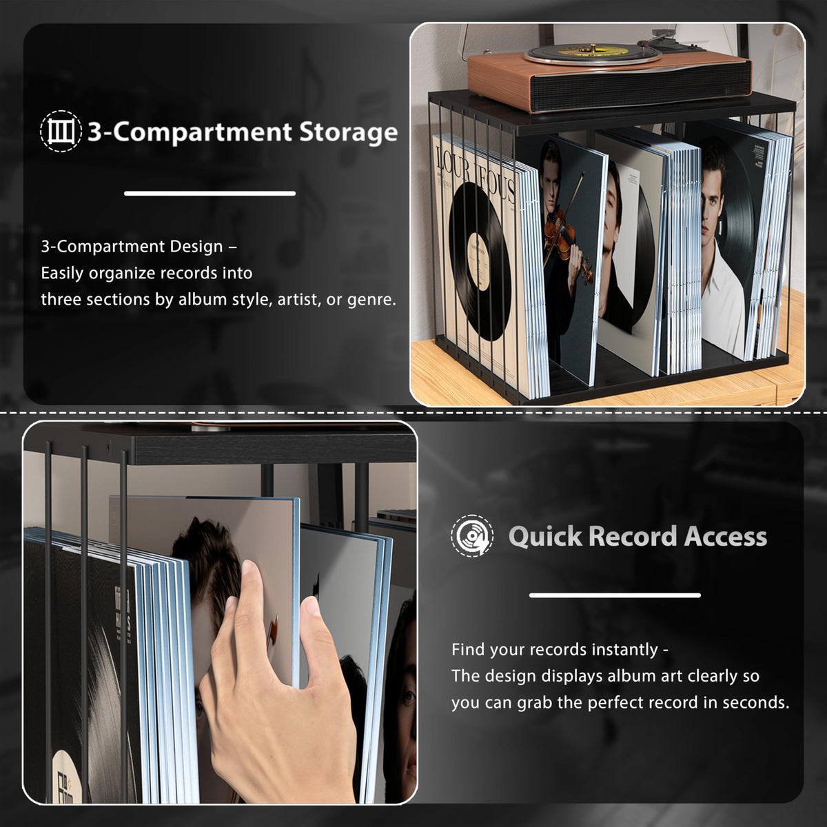 Emfogoo Vinyl Record Storage, Metal & Wooden Vinyl Record Holder Up to 80 LP Albums, 3-Compartment Record Player Stand for Magazine, Book, Files