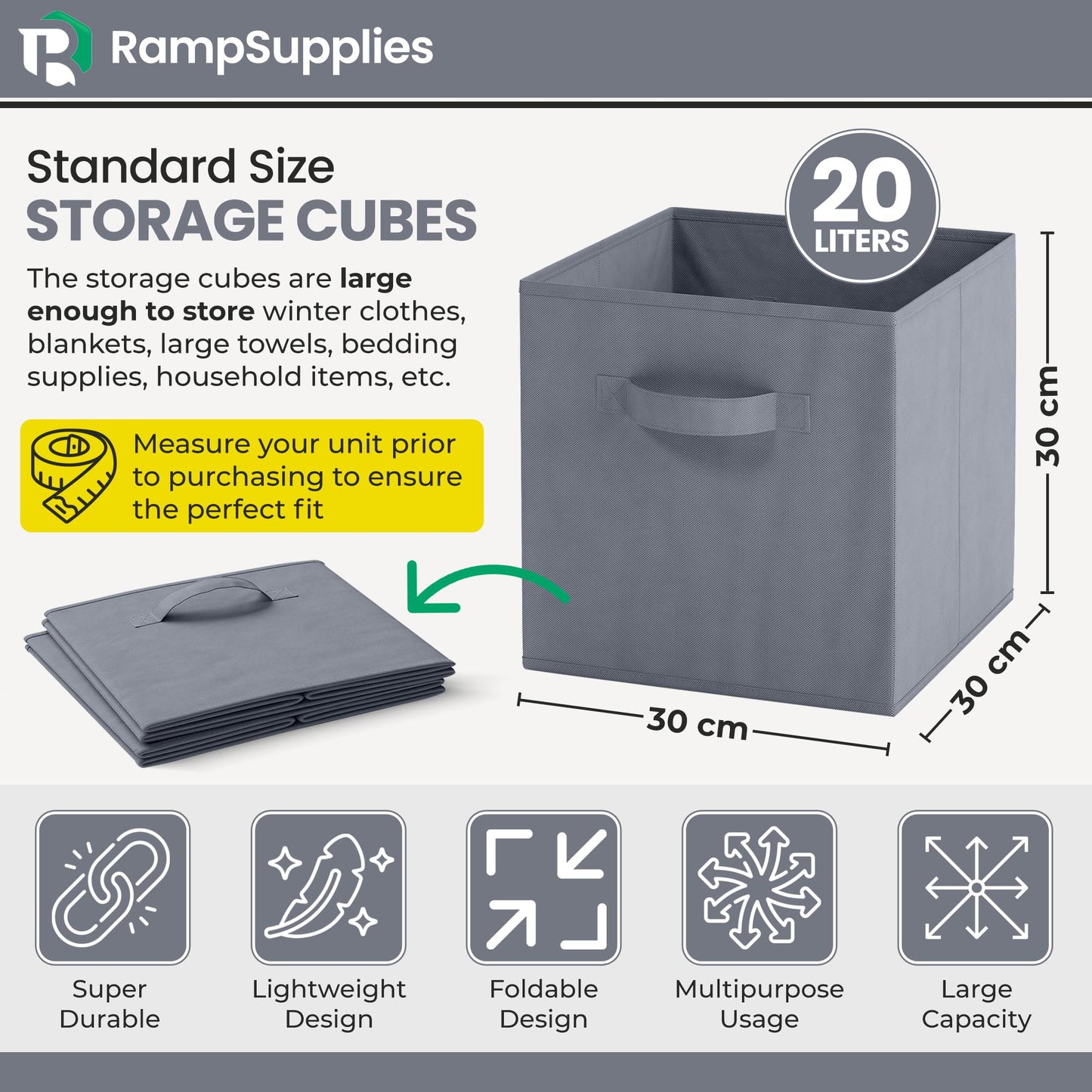 RampSupplies Foldable Storage Cubes with Handles, 30cm x 30cm x 30cm,Fabric Storage Boxes