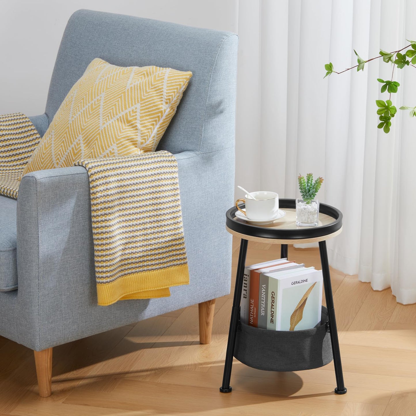 DREAMSOULE Industrial Round Side Table with Storage, Small 2 Tier End Table with Basket and Storage Tray for Indoor Outdoor Patio