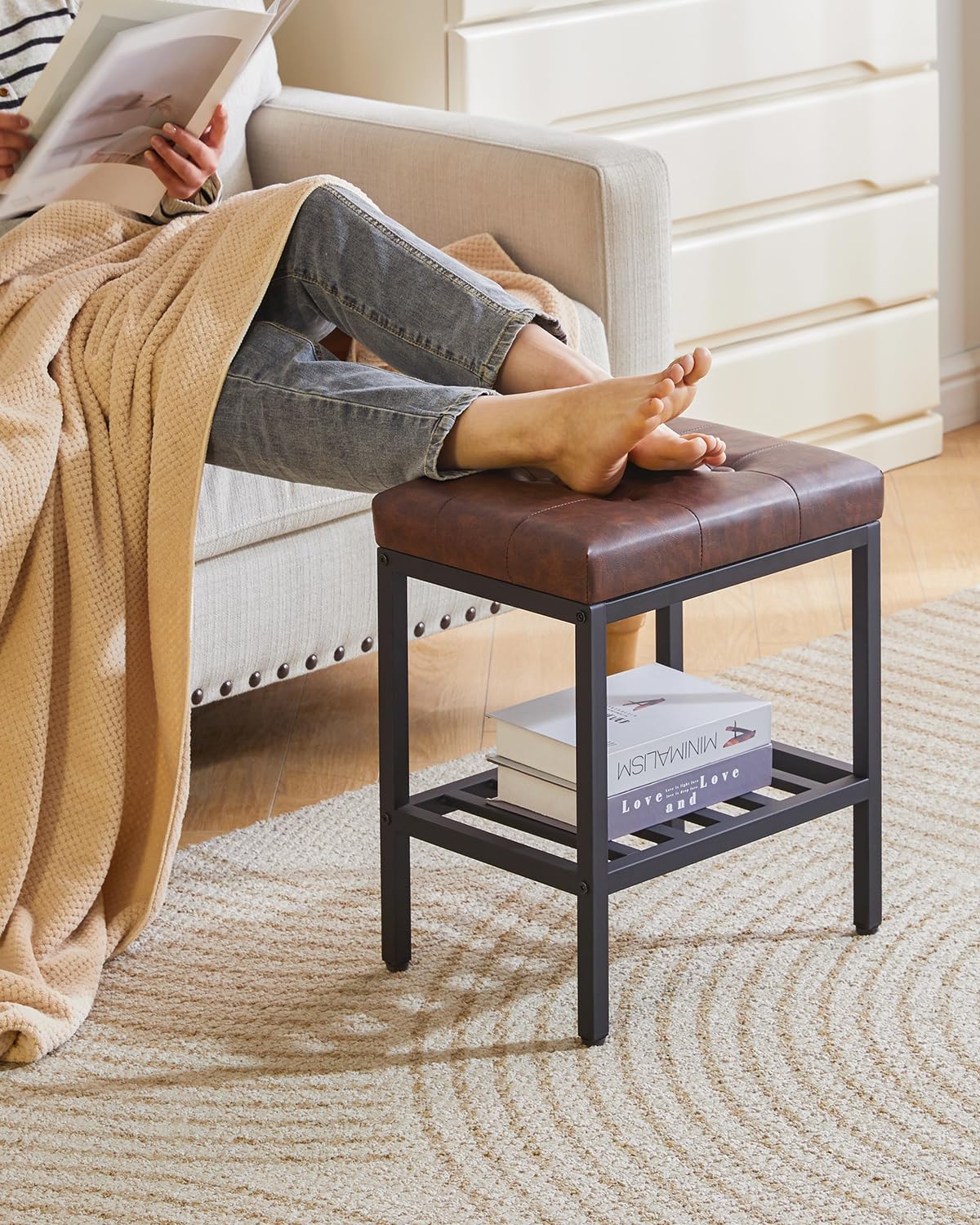 IBUYKE Rectangular Makeup Stool, PU Seat Vanity Chair, Dark Brown WBD017Z