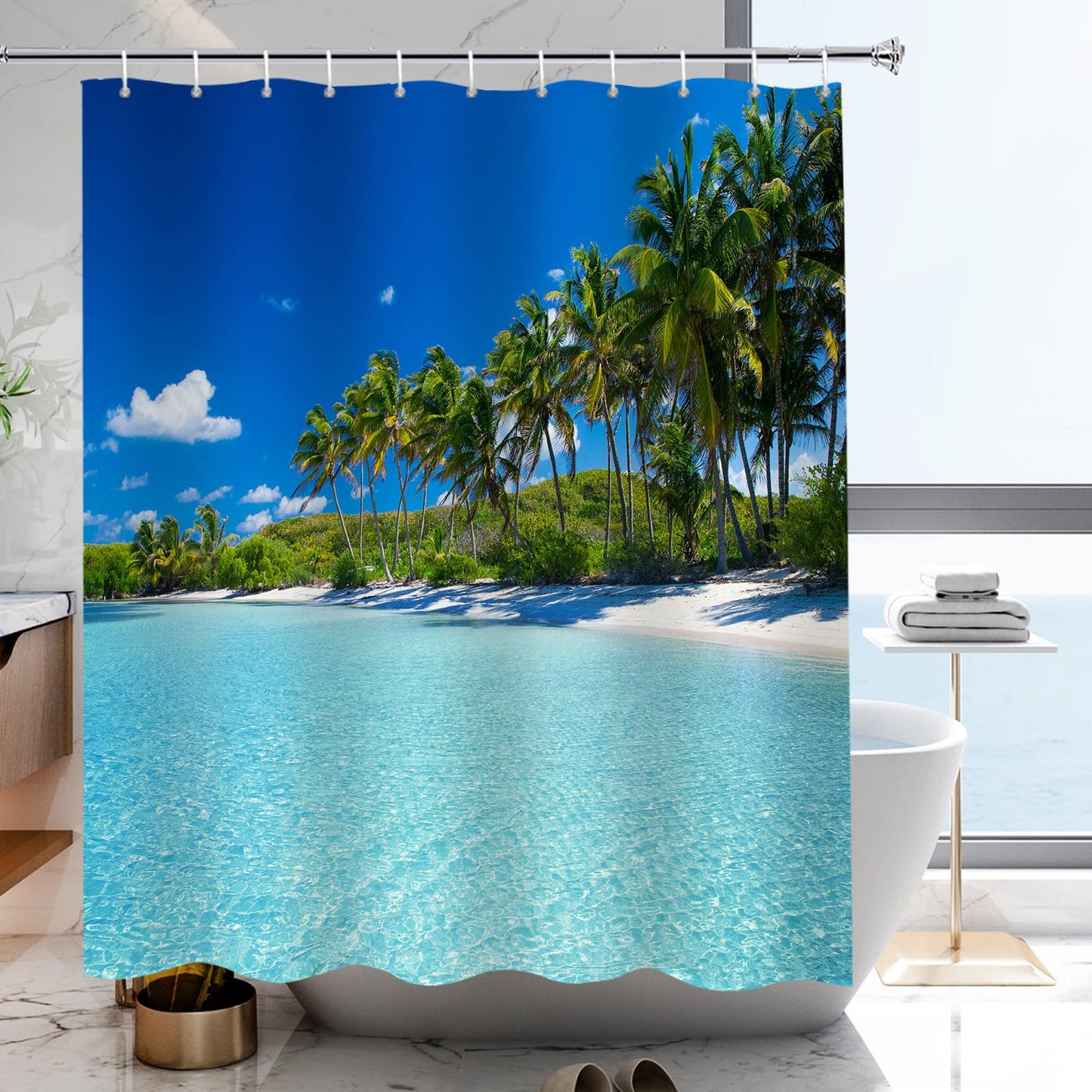 YISURE Summer Beach Coconut Palm Tree Shower Curtain 200x200cm, Tropical Island Blue Sky Limpid Water Ocean Shower Curtain for Bathroom, 79"x79"
