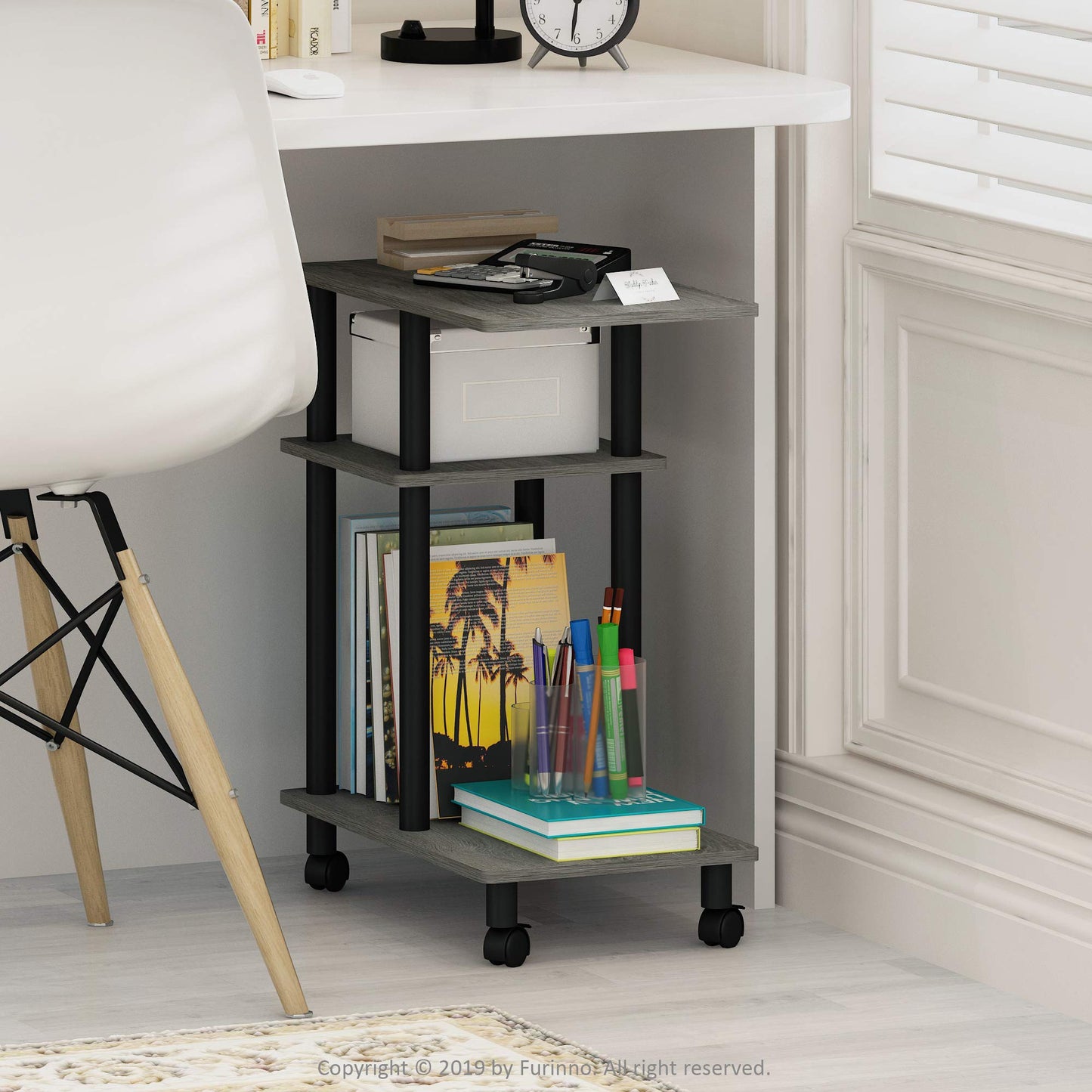 Furinno TURN-N-TUBE Side Table, 3-Tier C-Shape End Table with Wheels, Toolless Assembly Night Stand, Bedside Table with Open Shelf, for Living Room