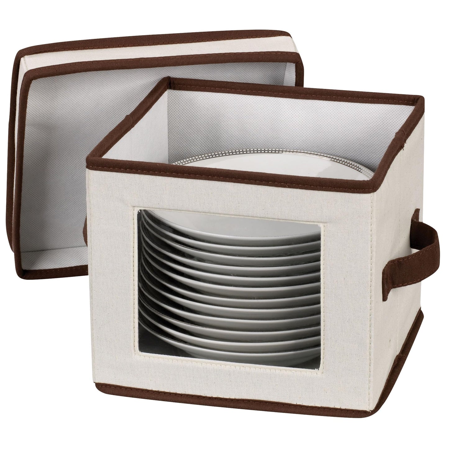 Household Essentials Dessert Plate or Bowl Storage Chest, Natural Canvas with Brown Trim