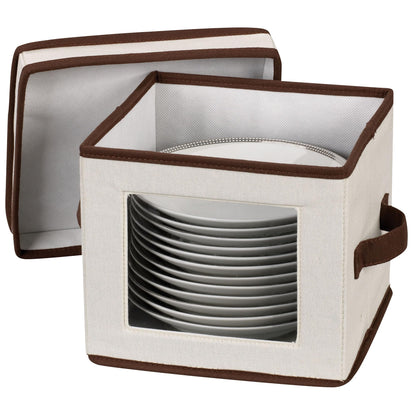 Household Essentials Dessert Plate or Bowl Storage Chest, Natural Canvas with Brown Trim