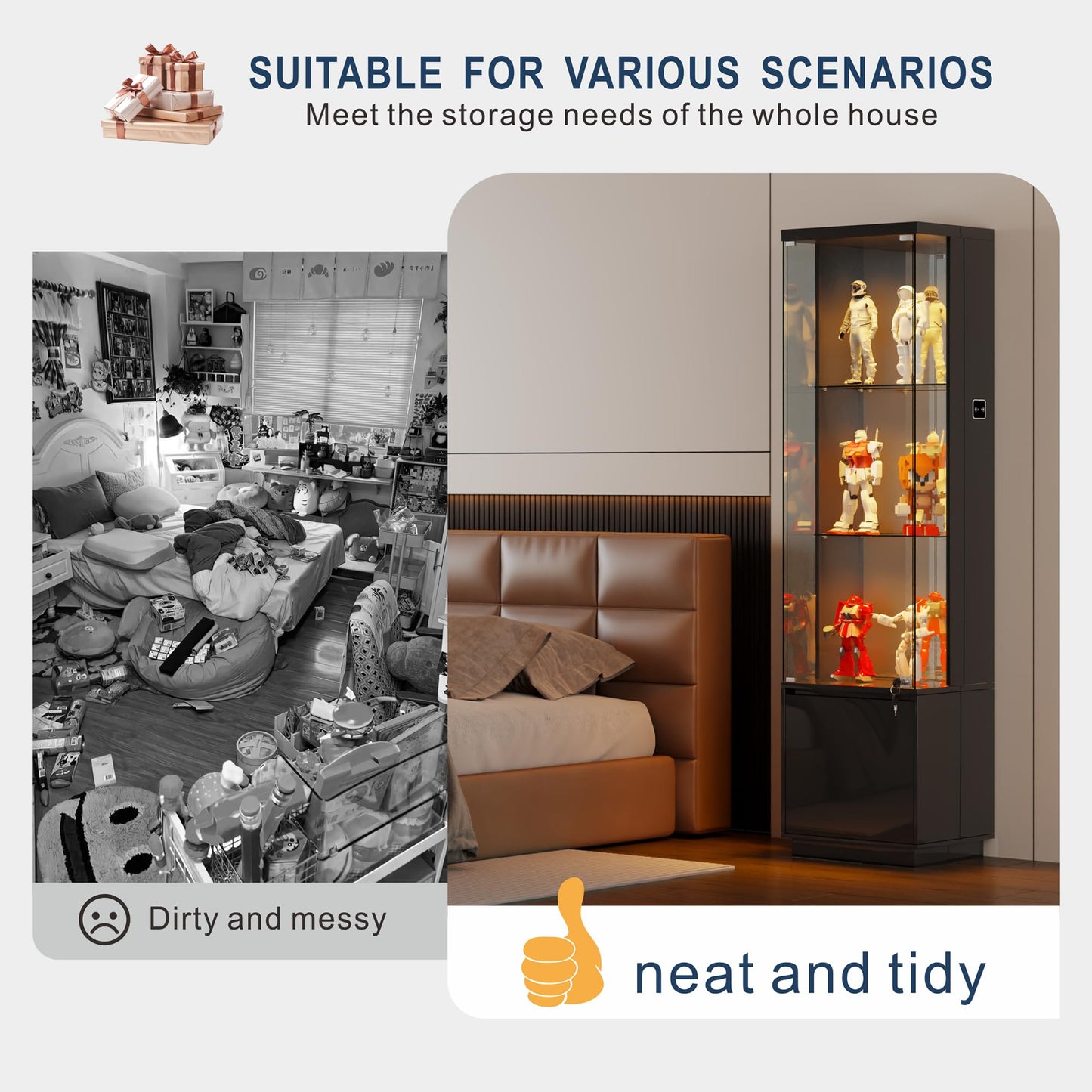 4-Tier LED Glass Display Cabinets with Human Body Sensor for Living Room