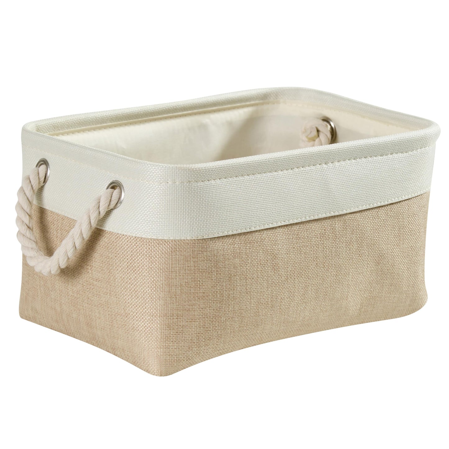 Mangata Storage Boxes, Small Fabric Storage Baskets with Rope Handles for Cupboards, Shelves, Wardrobe, Toys, Clothes (Foldable, Light Khaki White)