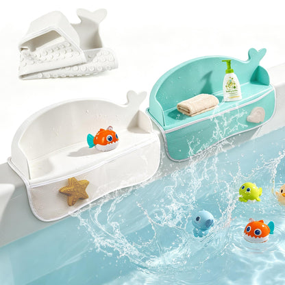 MCGMITT 2 Pack Whale Bathtub Splash Guard, Silicone Bath Splash Guards with 130 Strong Suction Cups, Bath Toy Storage Organizer with Mesh Pockets