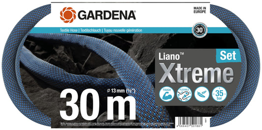 Gardena Liano Xtreme 1/2 inch, 30m set: Extremely robust textile garden hose, for indoor water taps, with PVC inner tube, lightweight,